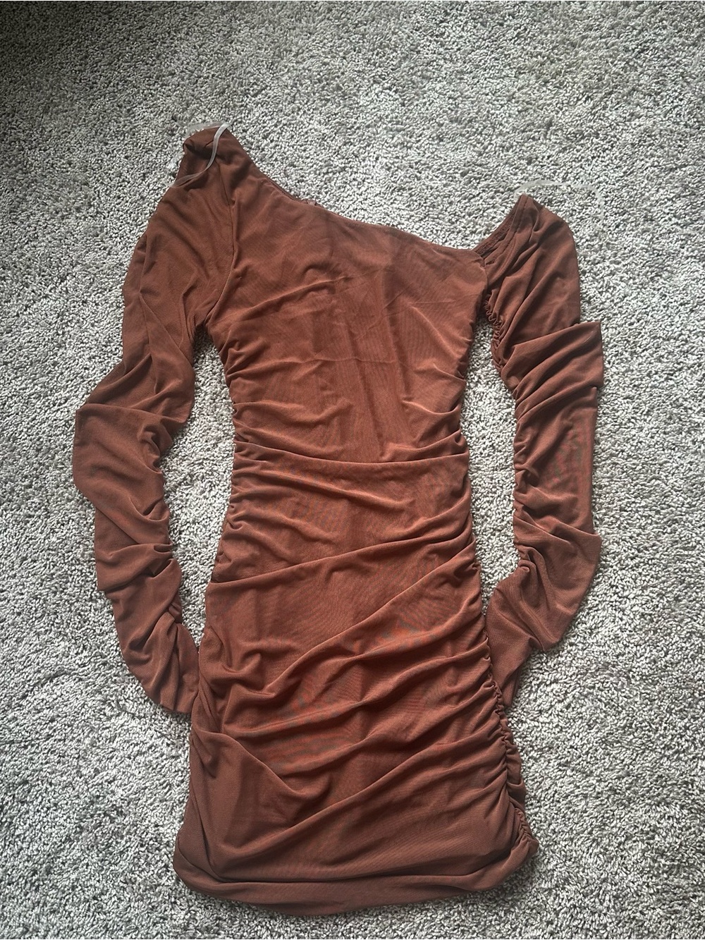 Le Lis One-Shoulder Ruched Long Sleeve Dress in Rust Brown